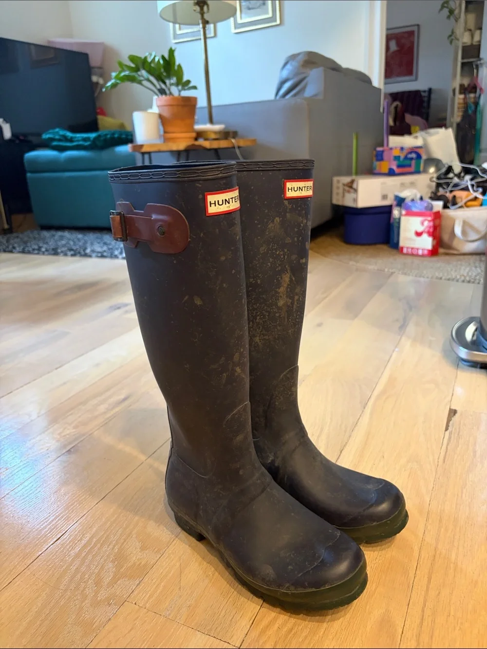 Hunter Navy Rain Boots with Burgundy Buckle and Green Sole Accent